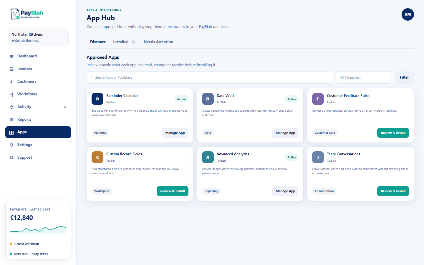 Current PayBlah App Hub catalogue for fictional Northstar Kitchens sample data