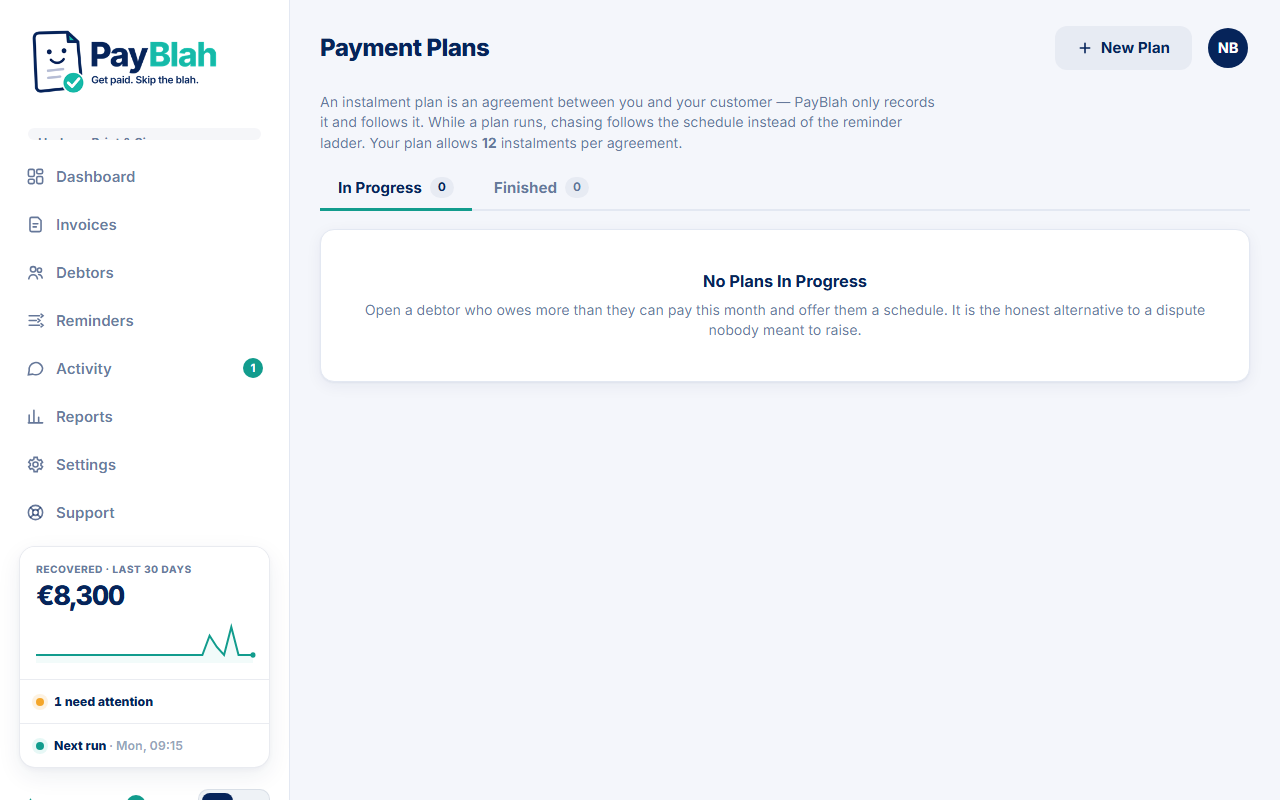 Payment Plans list with New Plan and empty in-progress state