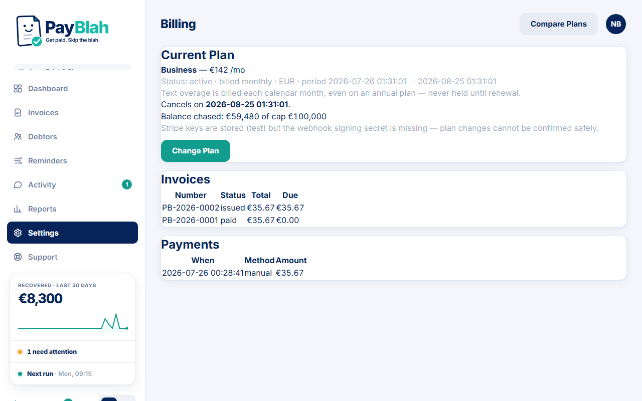Billing current plan showing balance chased of cap