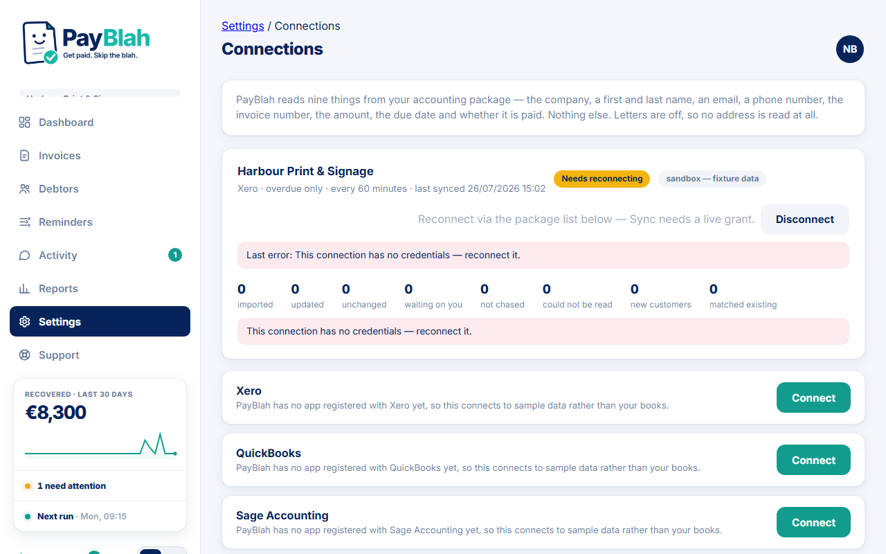 Connections page showing Xero, QuickBooks, and Sage connect options