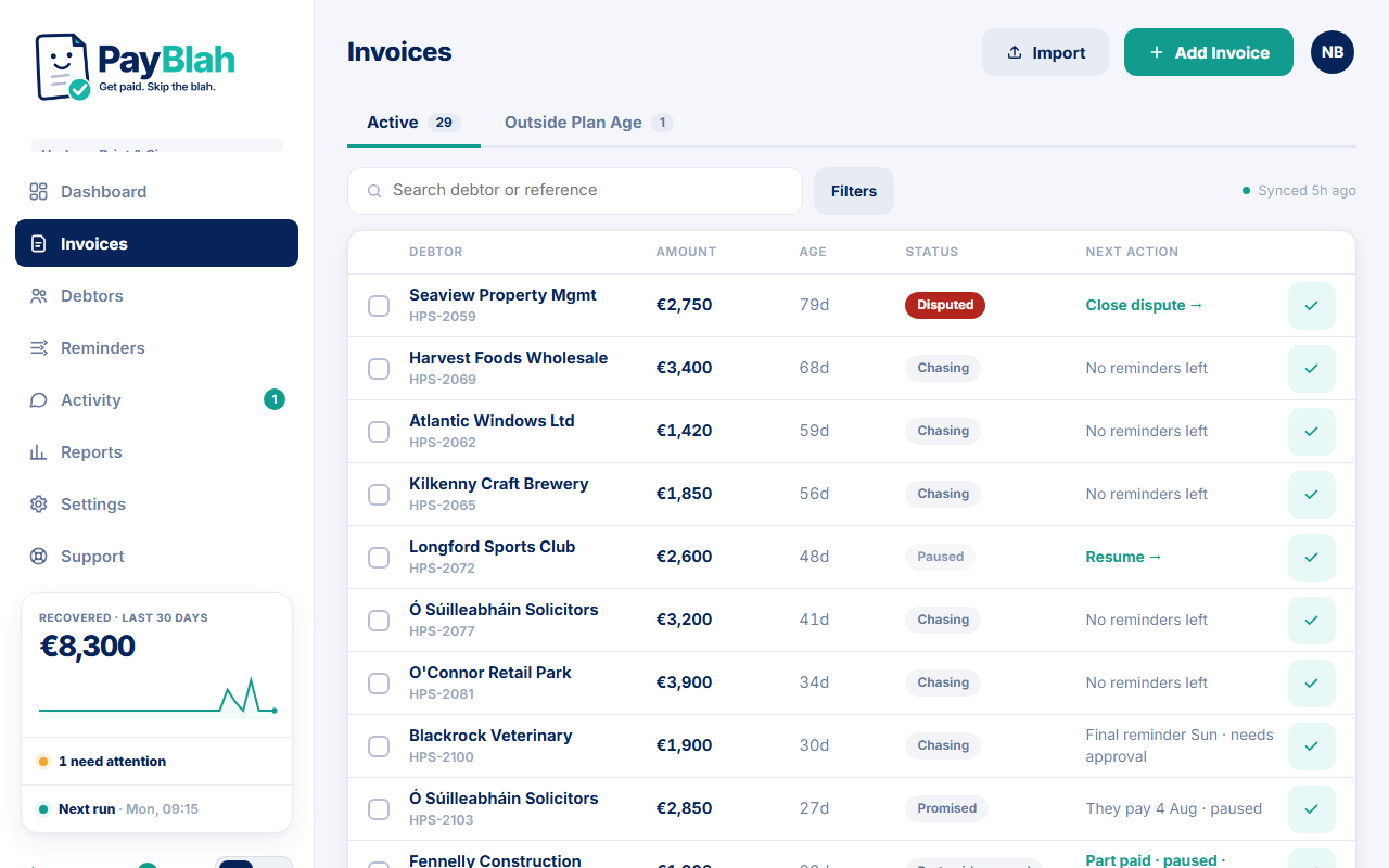 Invoices list with debtor, amount, age, status, and next action