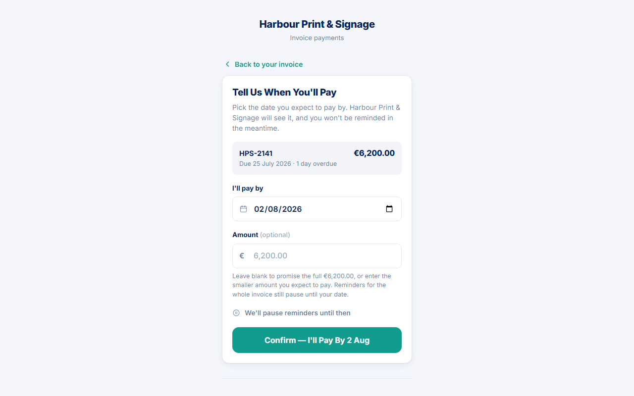 Portal Tell us when you’ll pay with date and optional amount