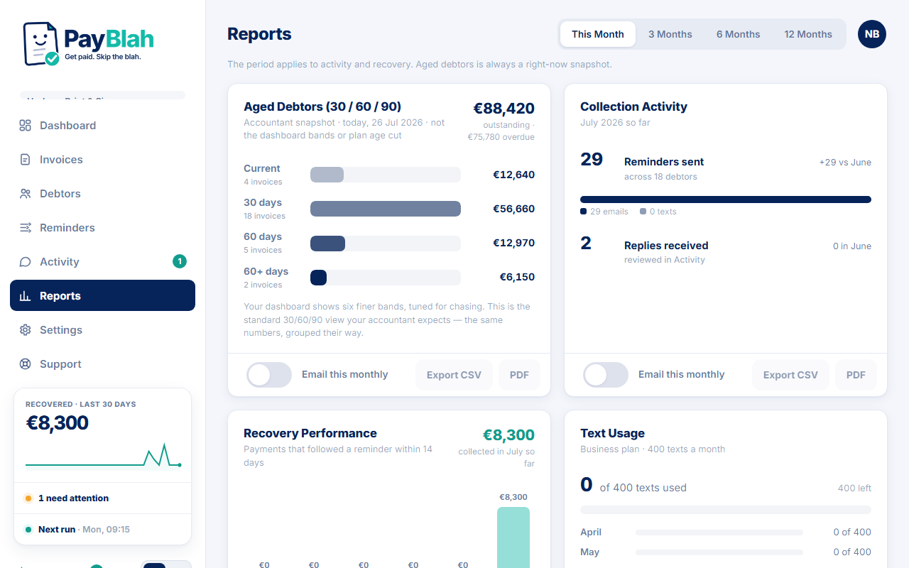 Report blocks with Export CSV and PDF buttons