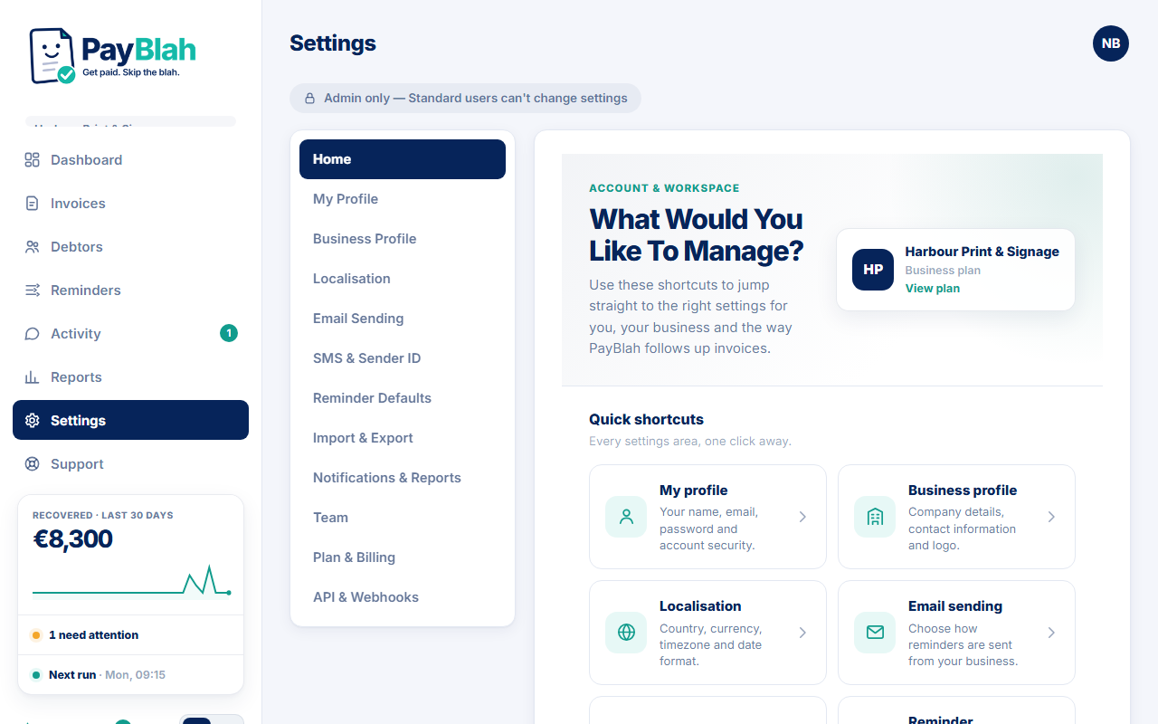 Settings where stop-all-sending lives under Reminder defaults