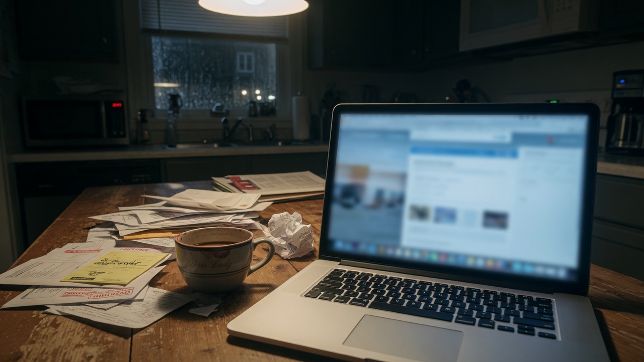 Laptop open at night with bills and paperwork on the desk