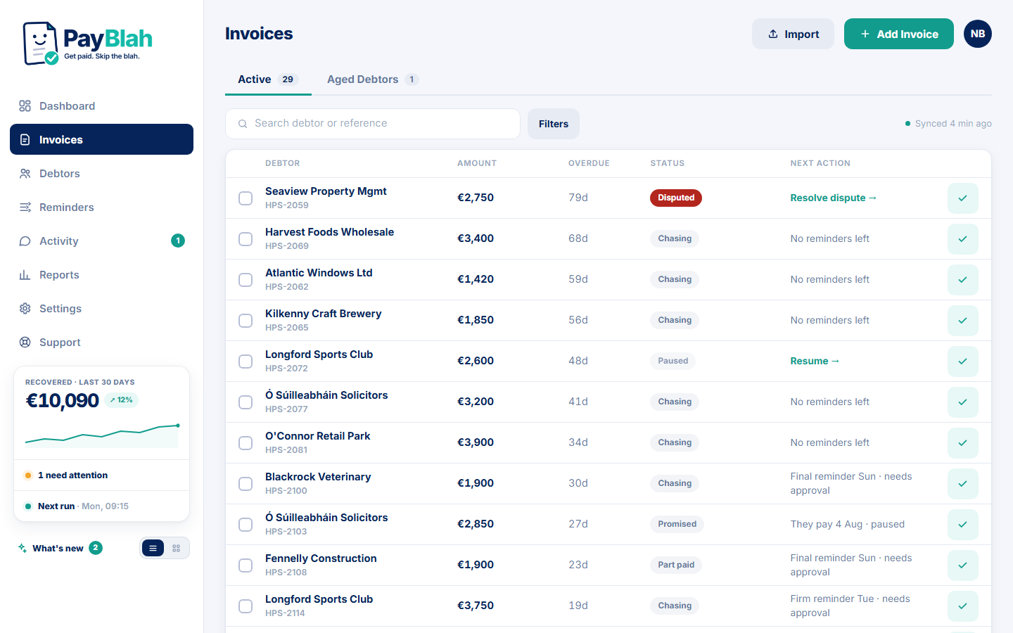 PayBlah's invoice register showing overdue invoices with status and next-action columns