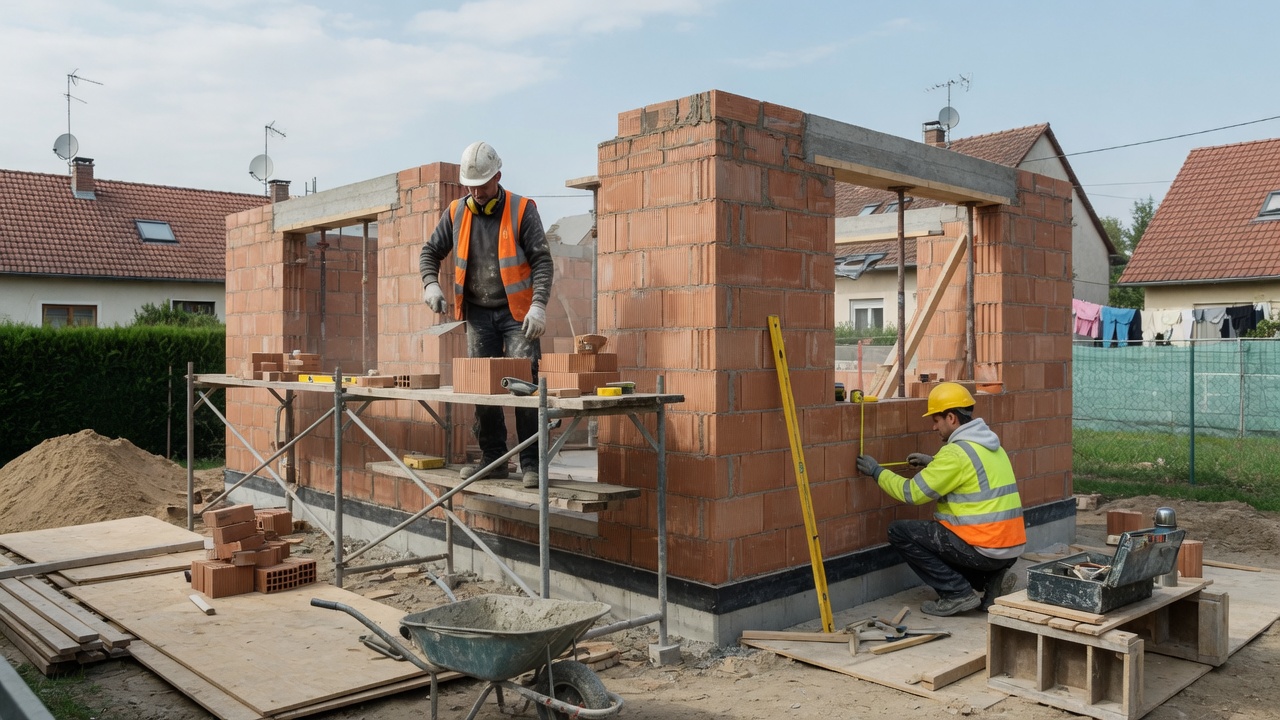 Bricklayers building a house on scaffolding