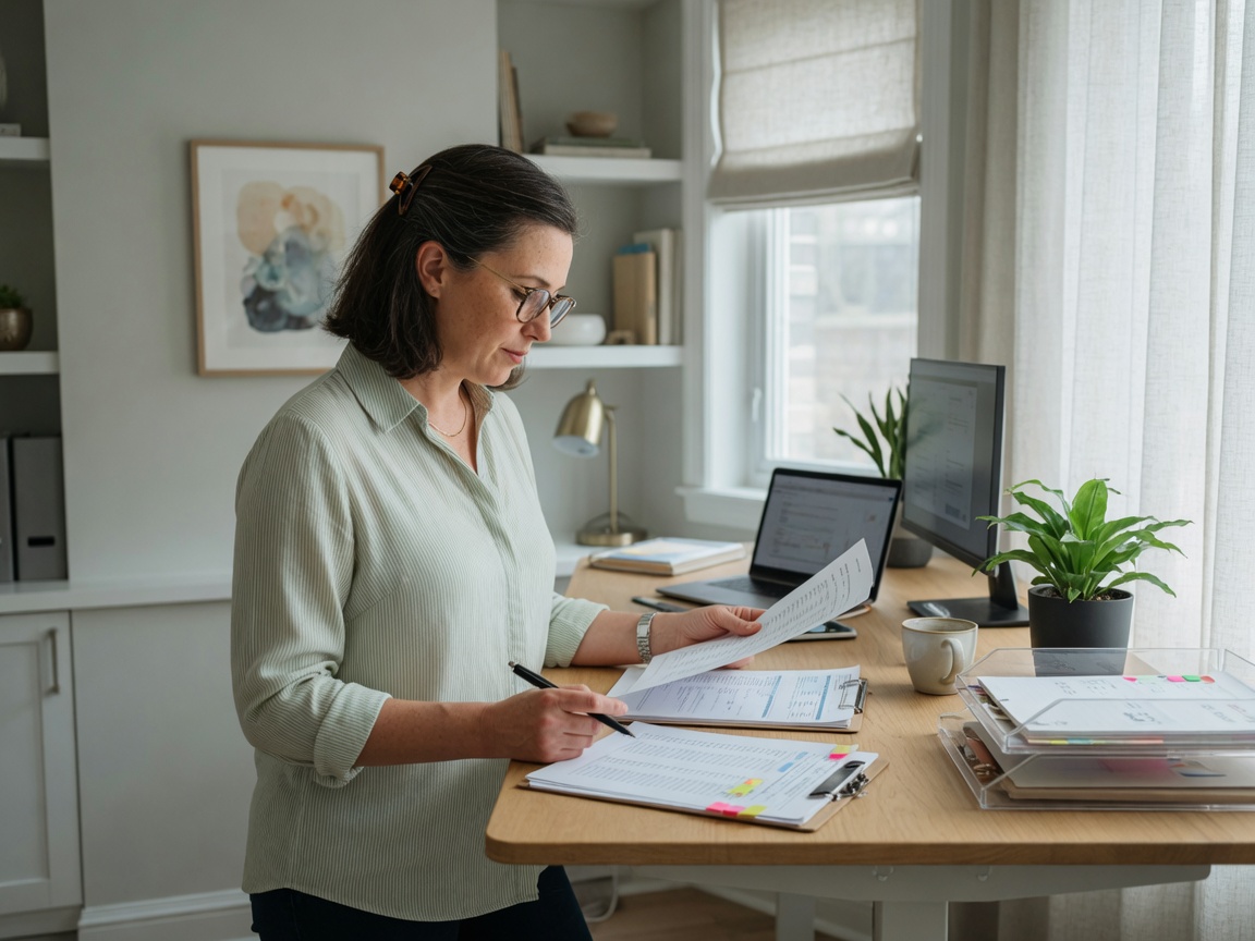 Bookkeeper at a standing desk reviewing paperwork