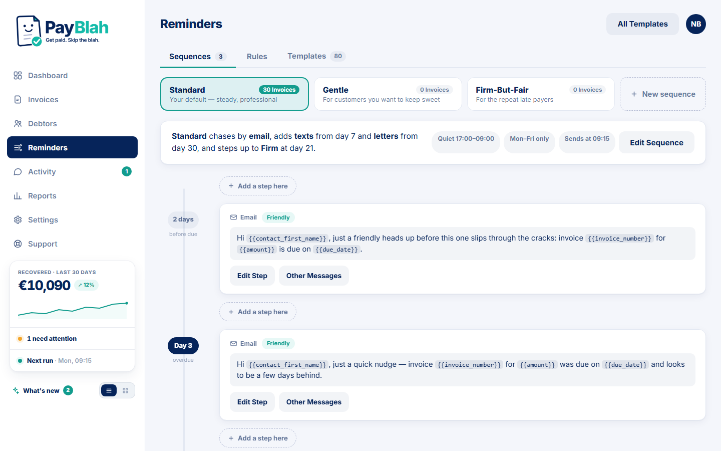 PayBlah's sequence editor: a day-by-day ladder of editable reminder messages with quiet hours and approval rules
