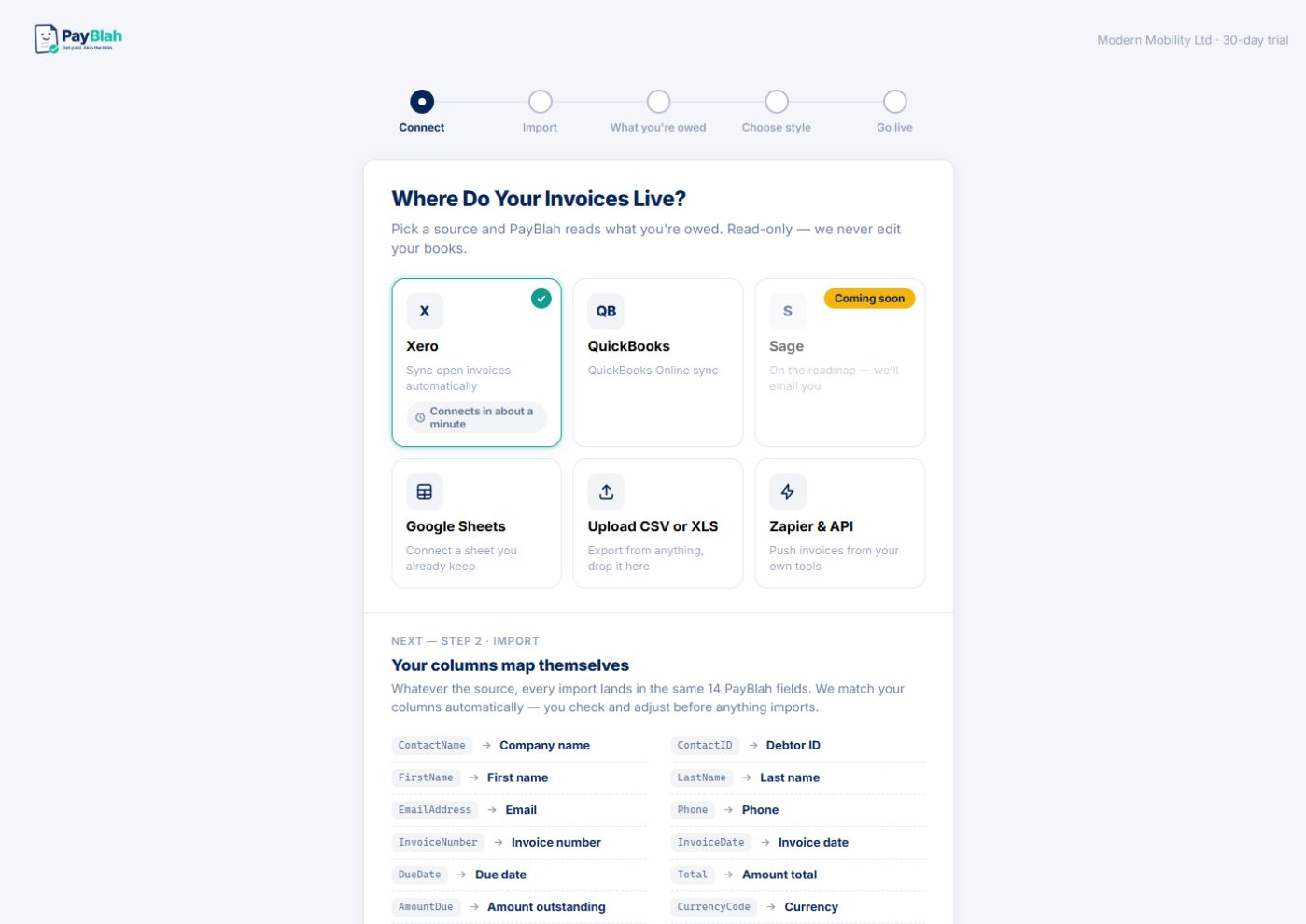 PayBlah's connect screen with Xero, QuickBooks and spreadsheet import options