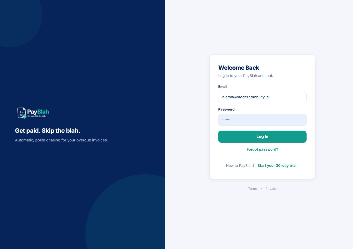 PayBlah sign-in screen representing secure access to the product and API