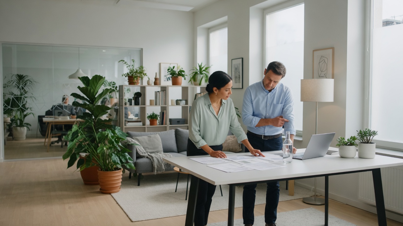A calm modern office team at their desks