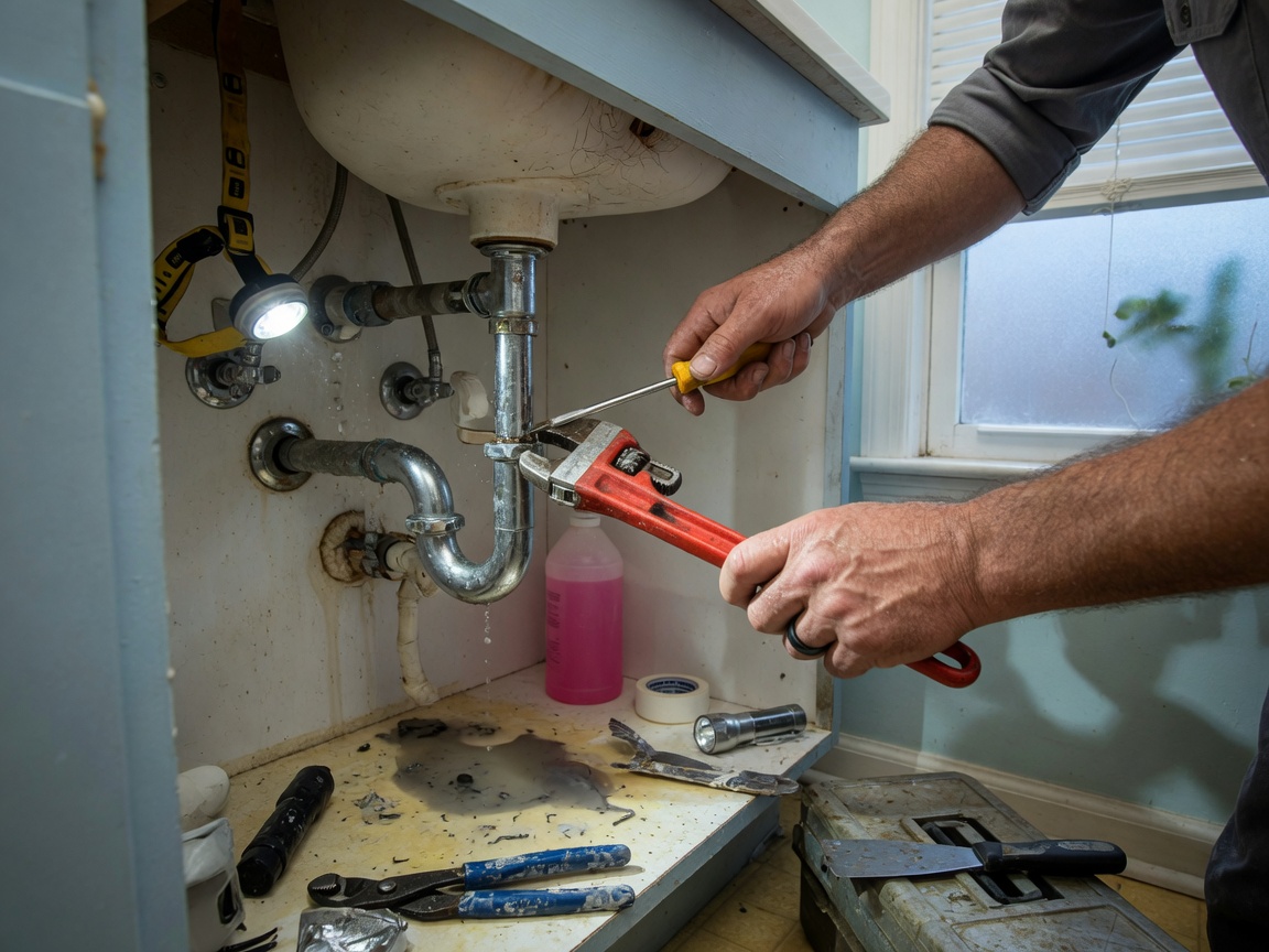 A plumber working under a kitchen sink
