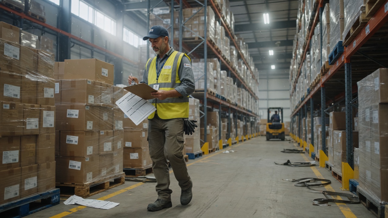 Warehouse worker with clipboard checking stock — practical operations, not pure software shops