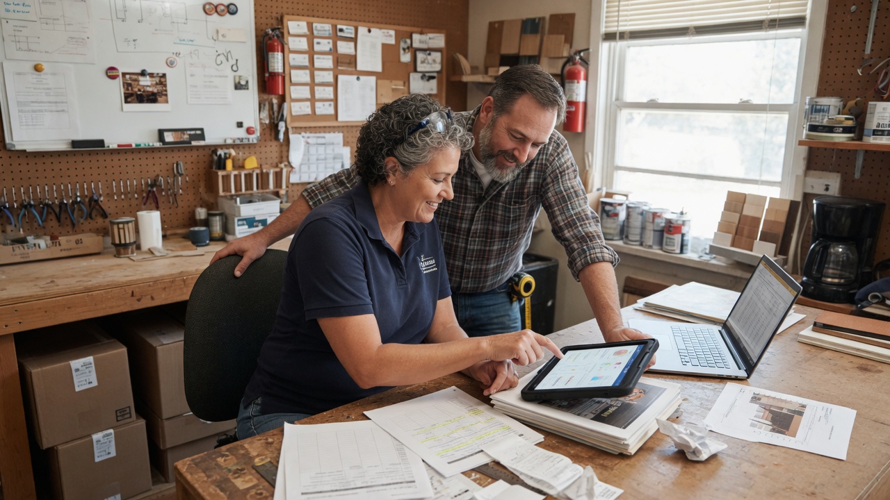 Business partners reviewing a tablet in a workshop