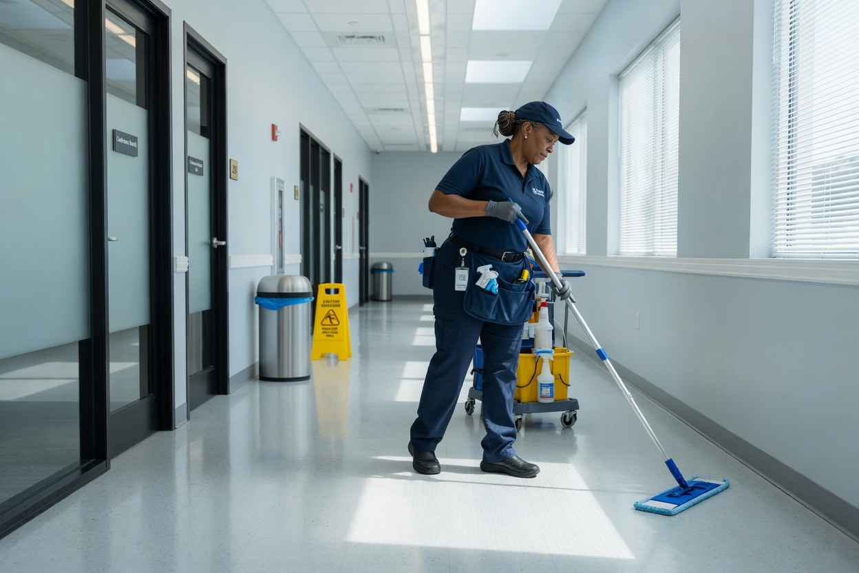 A facilities cleaner mopping a bright office corridor
