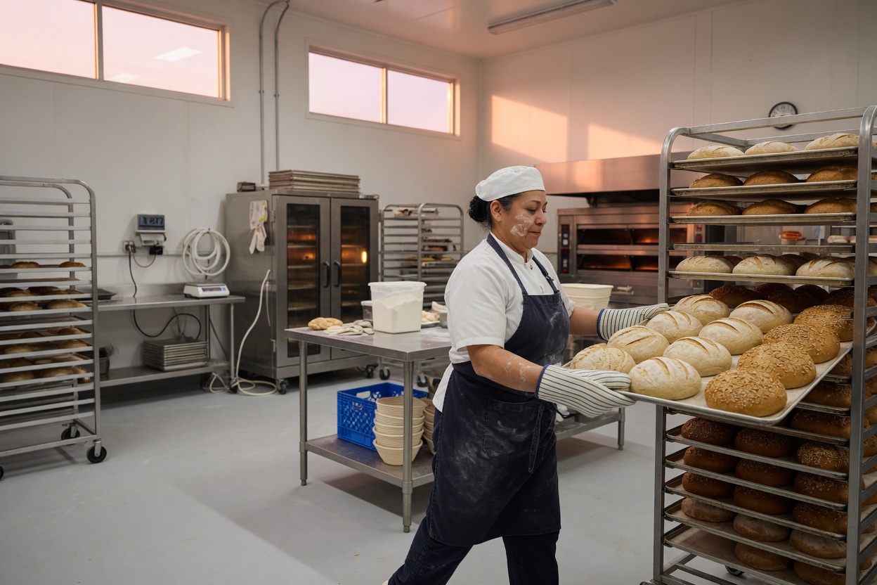 A baker racking trays of loaves in a commercial bakery