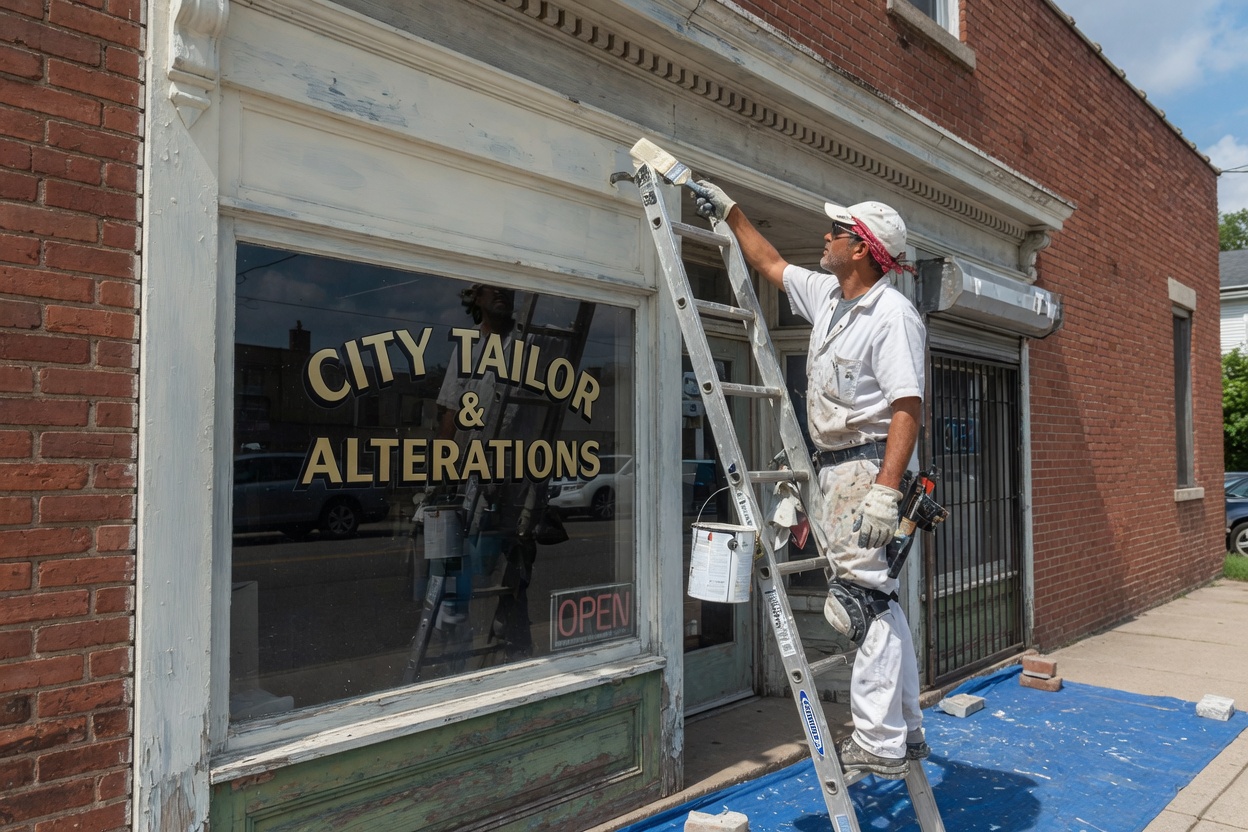 A painter cutting in trim above a storefront