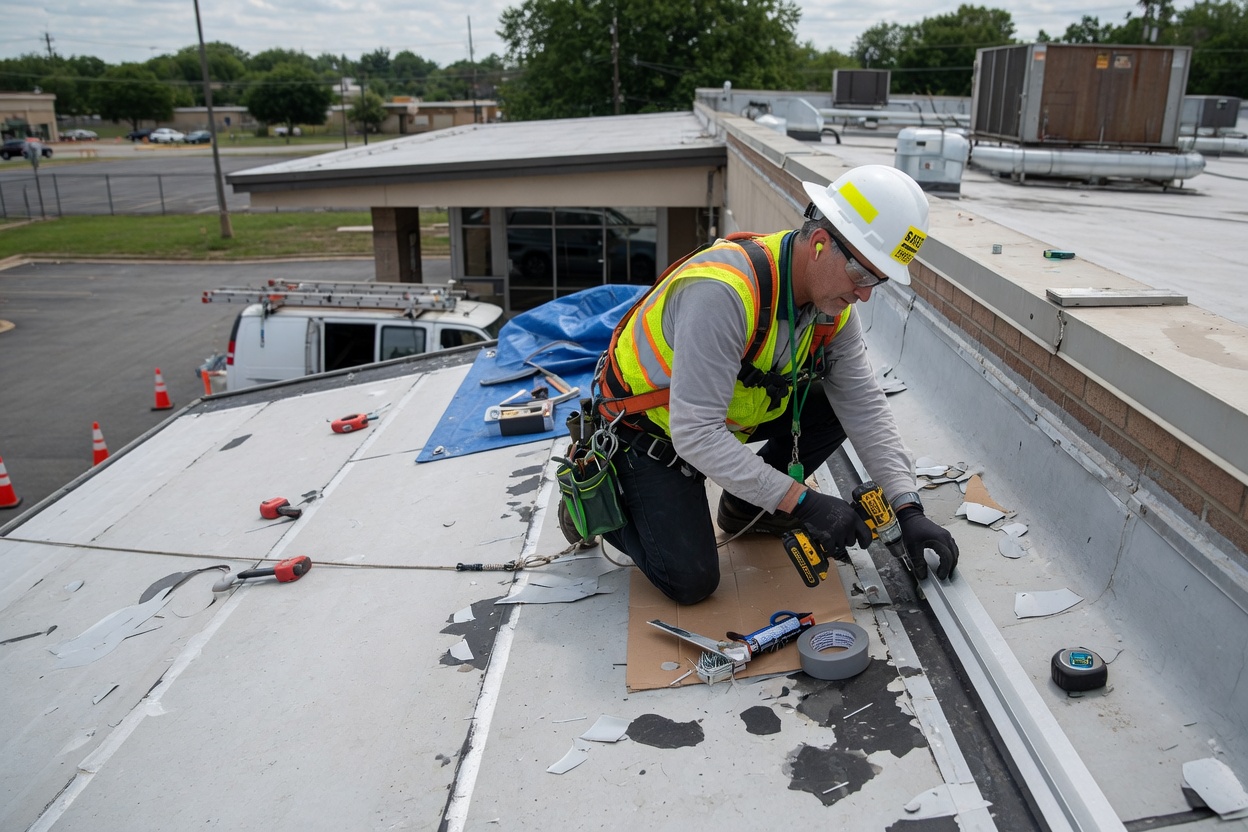 A harnessed roofer fastening edge metal on a low-slope roof