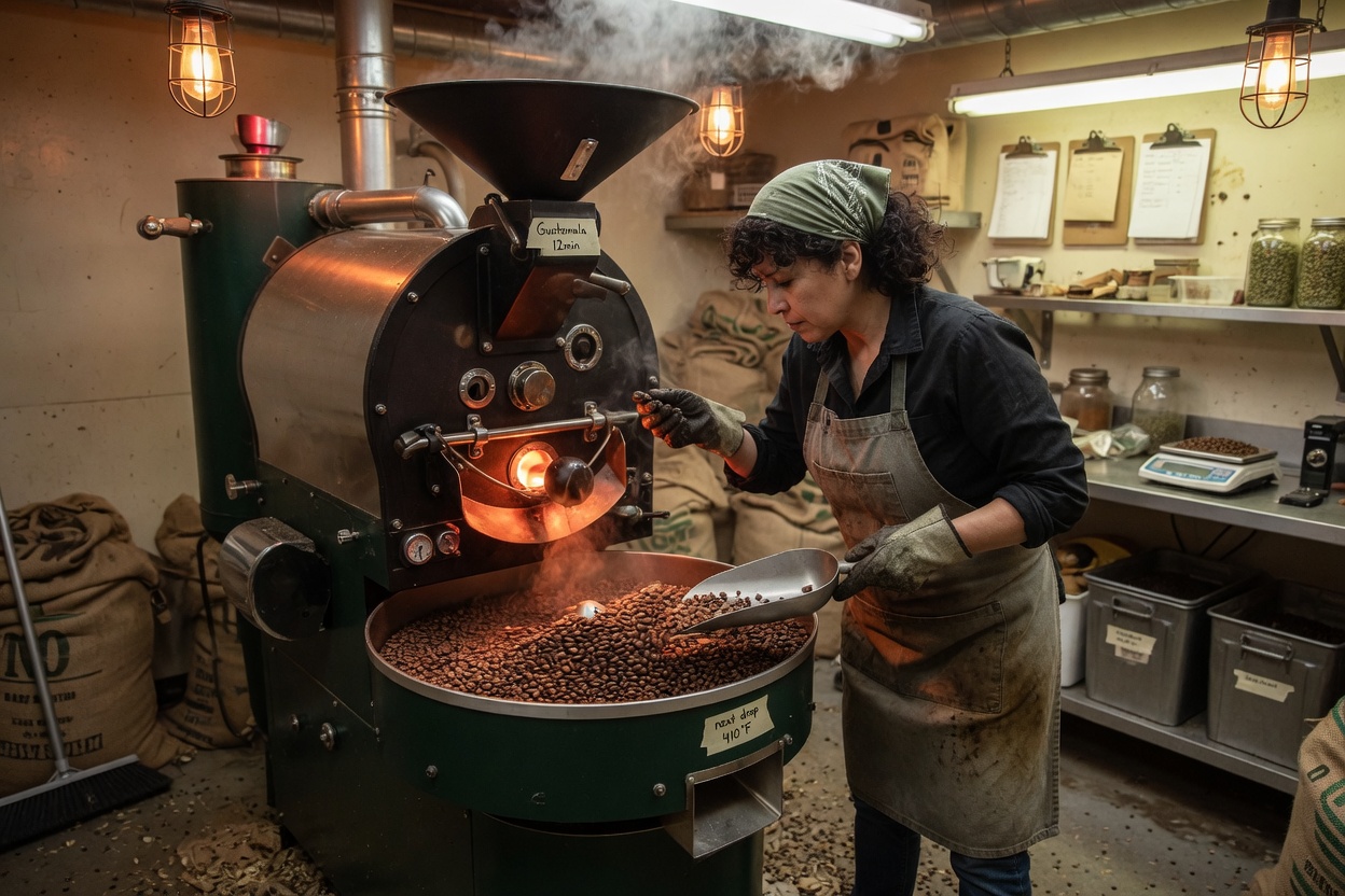 A wholesale roaster scooping a fresh batch of coffee