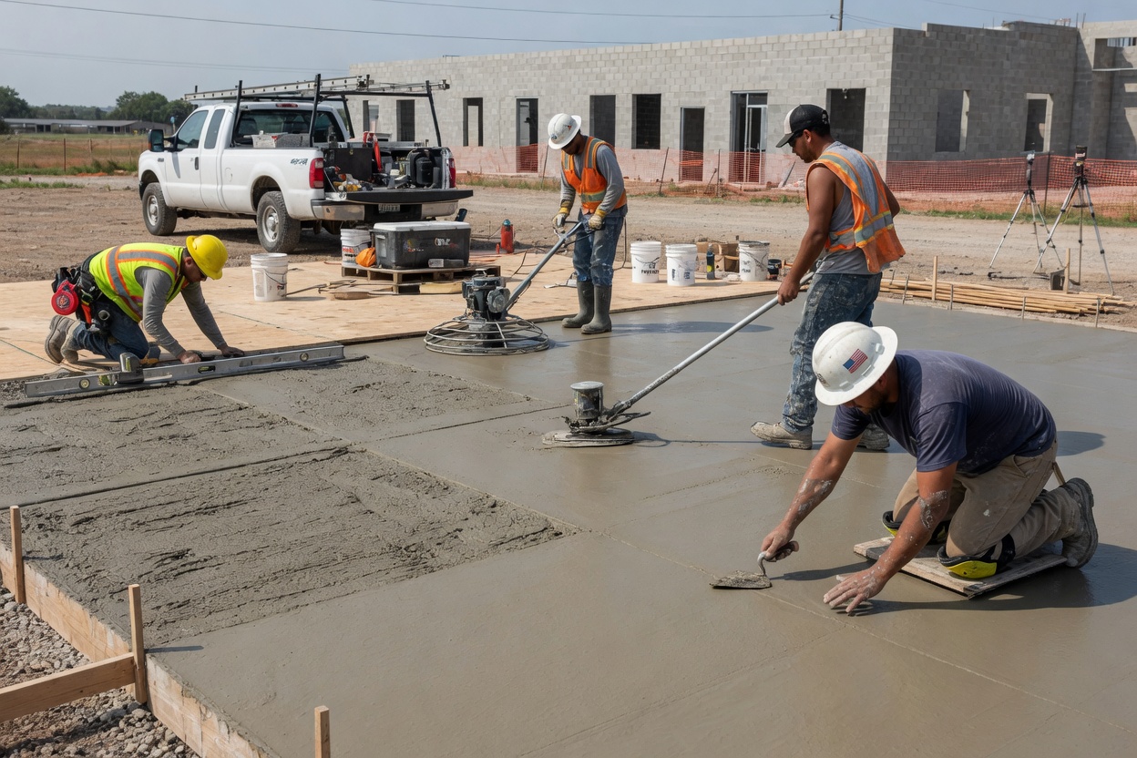 A concrete crew finishing a fresh slab