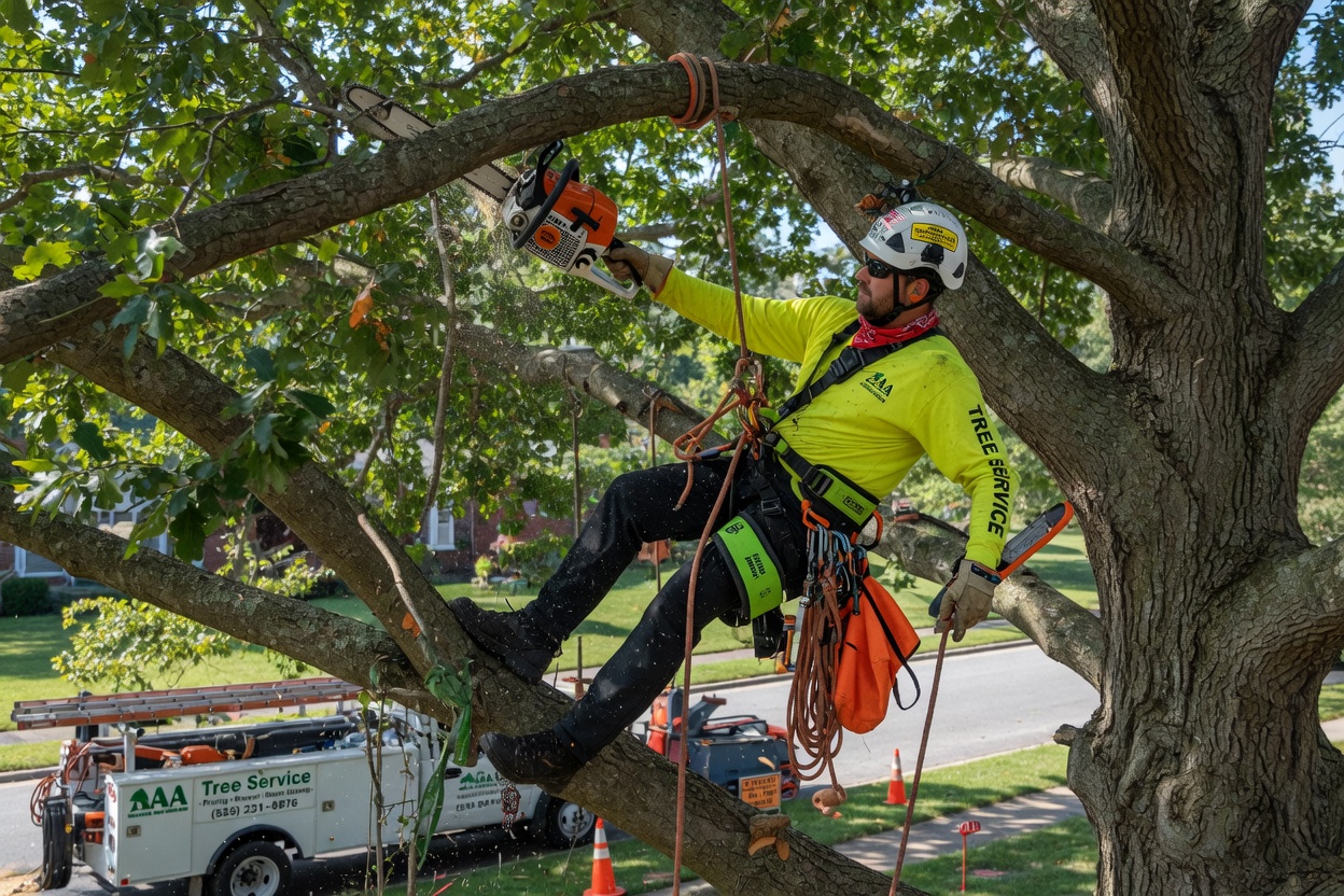An arborist roped into a canopy making a cut