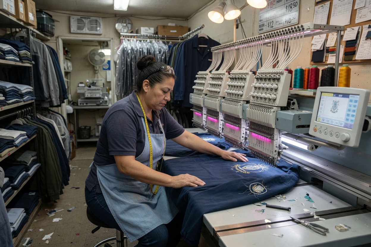An embroidery machine stitching a uniform jacket