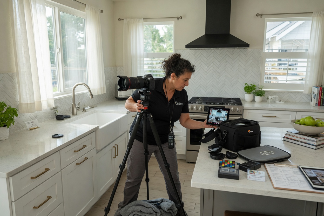A real-estate photographer checking a shot on a tablet
