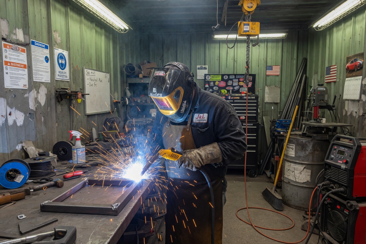 A fabricator laying a weld amid sparks