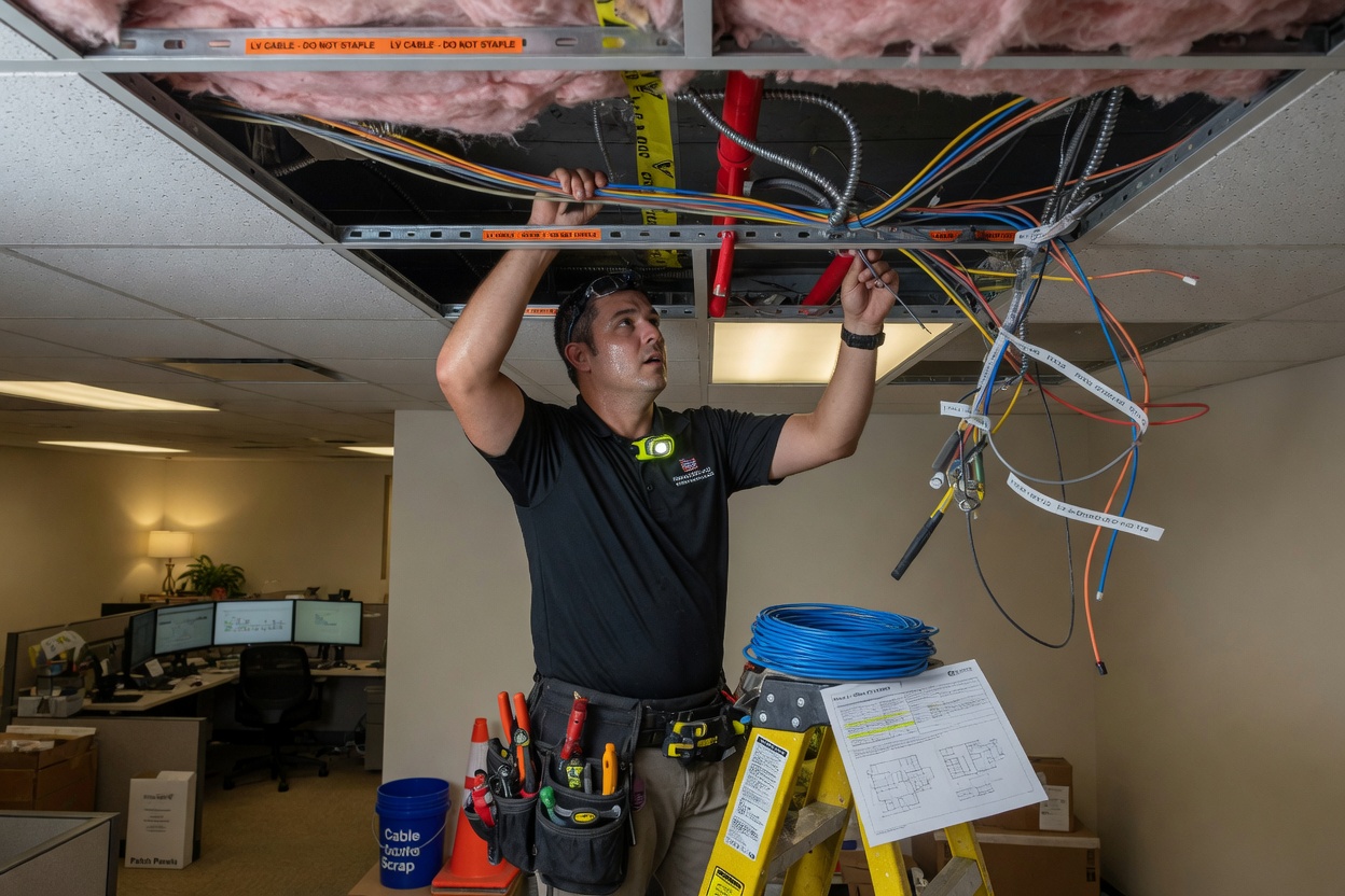 A low-voltage tech pulling cable through a drop ceiling