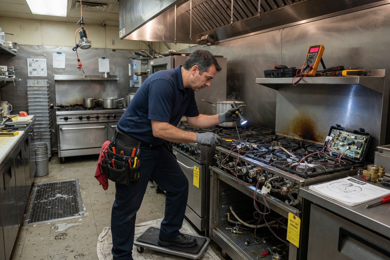 A repair tech tracing wiring on a commercial range