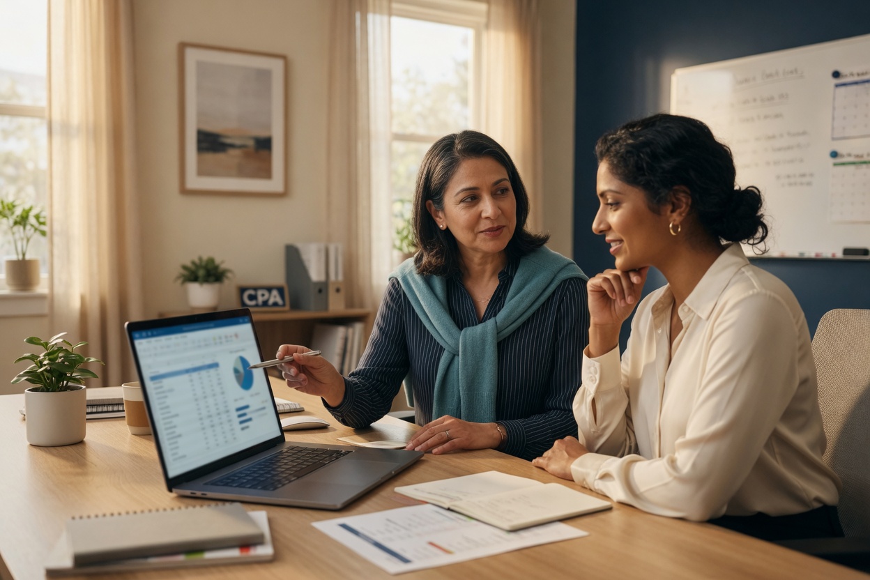 An advisor walking a business owner through their numbers at a laptop