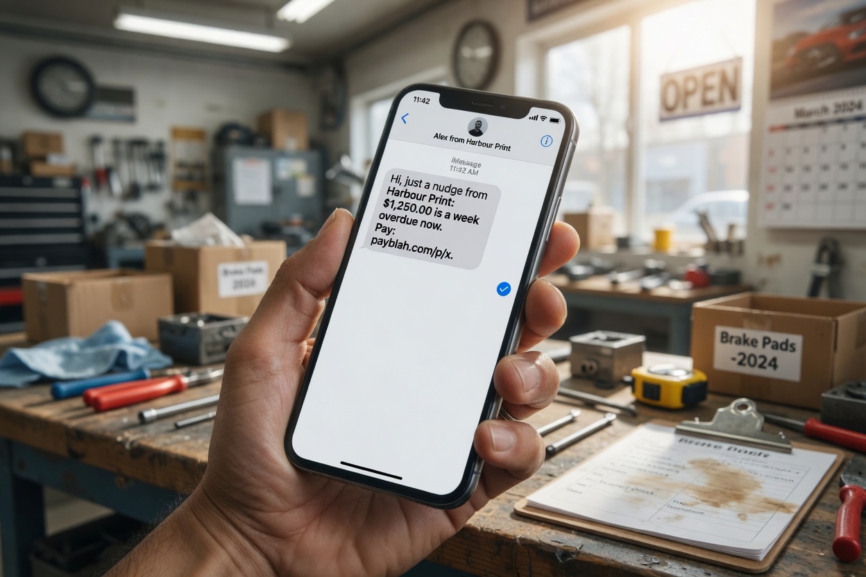 Hand holding a phone showing a short payment reminder SMS