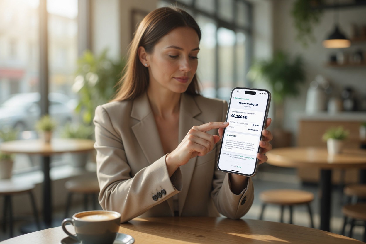 Customer reviewing a payment portal on a phone in a café